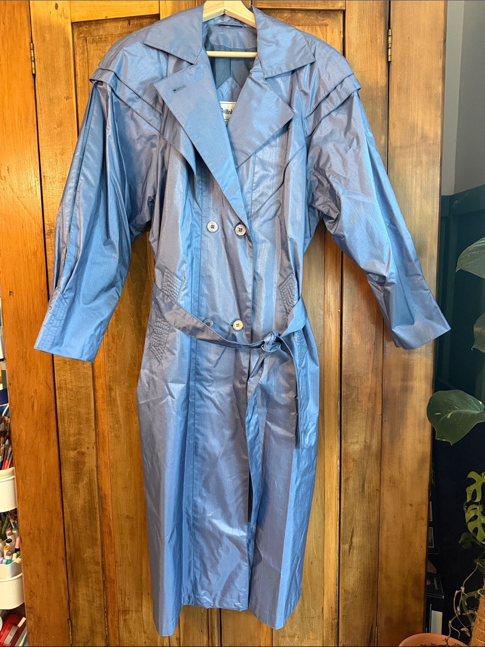 VINTAGE 16 Blue Sheen Double-Breasted Trench Rain Coat Tie Belt 80s Shoulder Pad